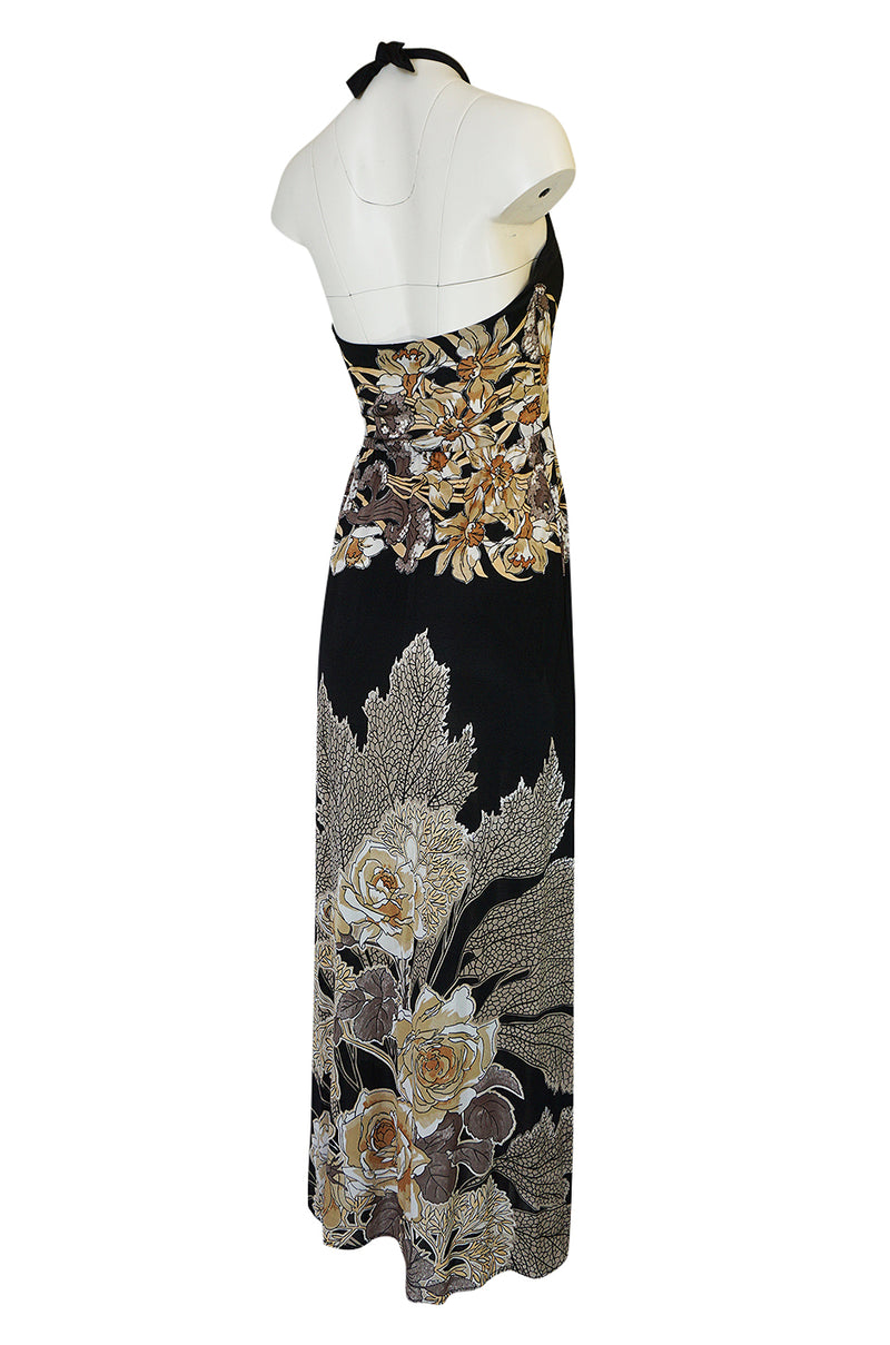 c.1976 Mac Tac Halter Tie Floral Printed Nylon Jersey Dress
