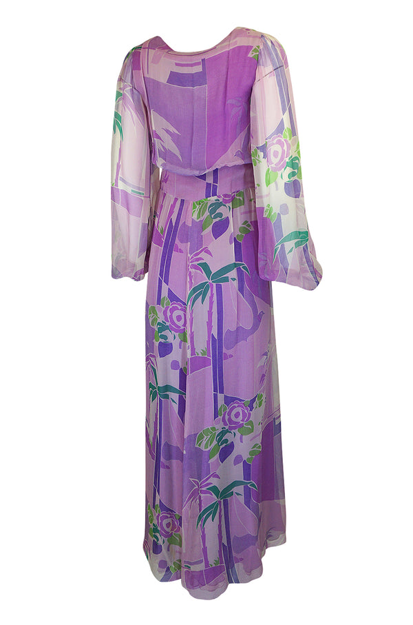 1970s George Stavropoulos Couture Floral Print Purple Silk Chiffon Maxi Dress