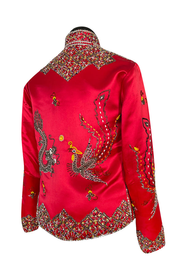 Fabulous 1960s Extensively Beaded & Sequin Front Zip Red Silk Satin Asian Jacket