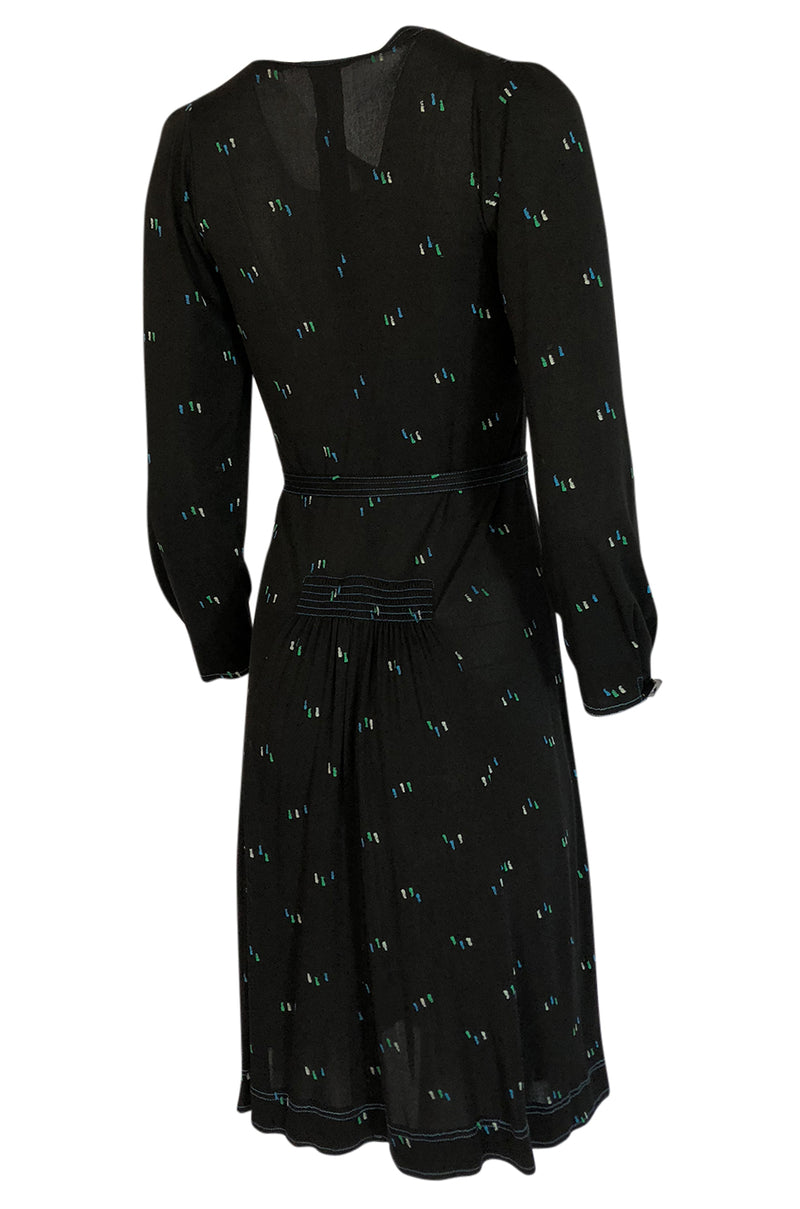 1970s Jean Muir Printed Jersey Dress w Incredible Art Deco Buttons