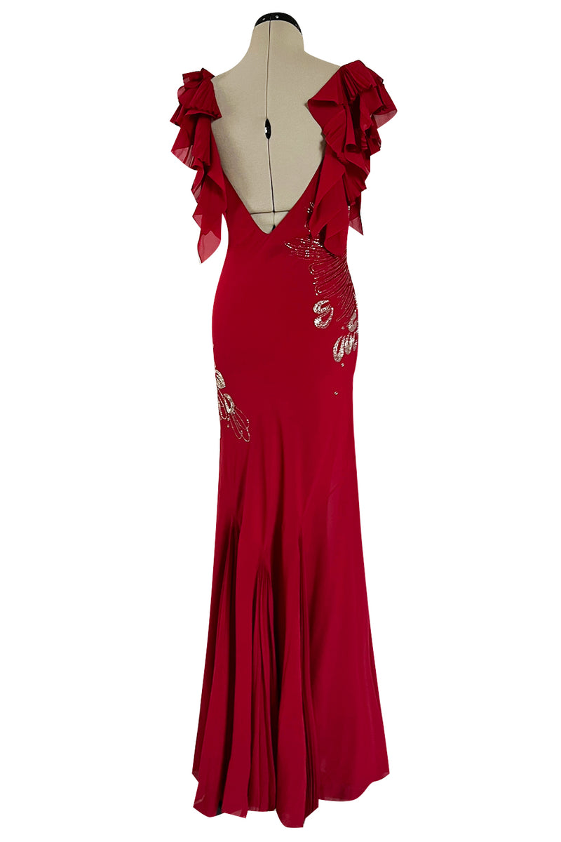 Incredible 2000s John Galliano Deep Red Bias Cut Dress w Silver Bead Detailing