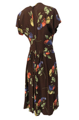 1940s Unlabeled Spectacular Floral Printed Brown Silk Swing Dress