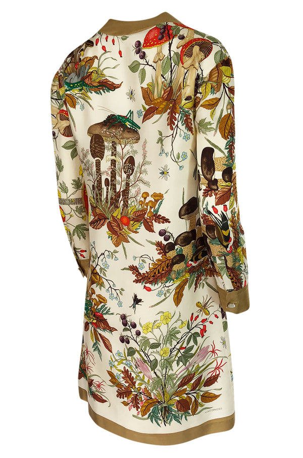 1970s Gucci Ad Campaign Flora Fauna Screen Printed Silk Shift Dress