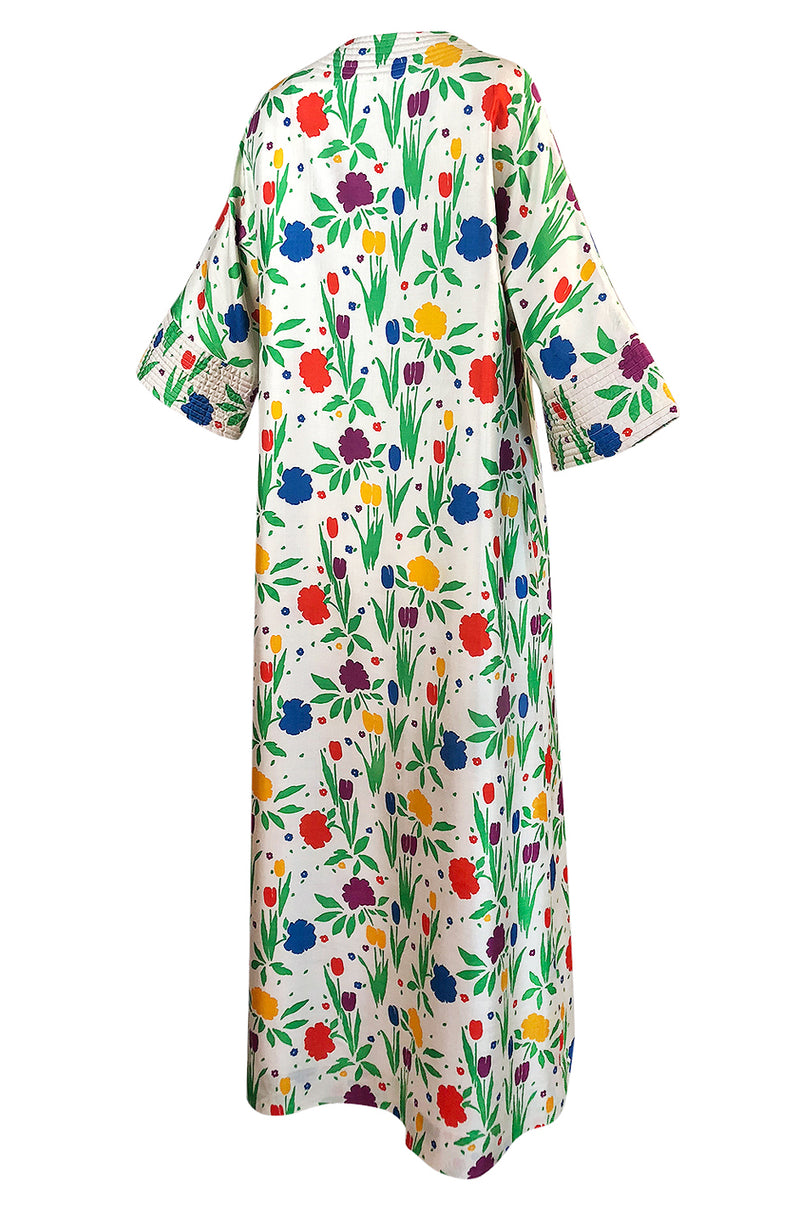 1970s Pierre Balmain Brilliant Floral Print Thai Silk Caftan Dress