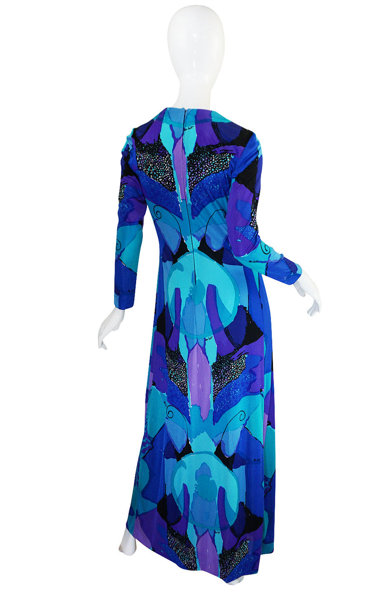 1960s Ocean Blues Ken Scott Hand Printed Jersey Dress