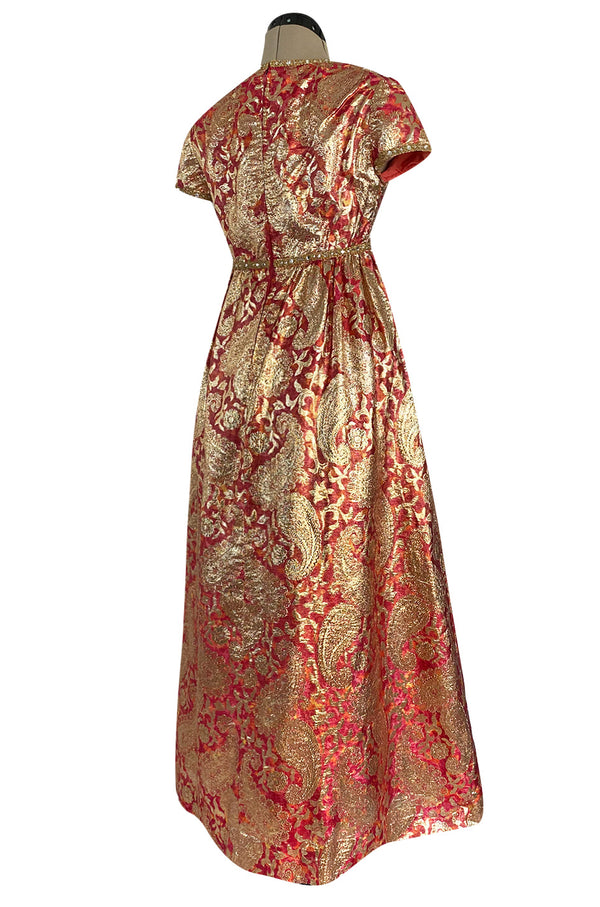 Stunning 1960s Malcolm Starr Light Silk Brocade Coral Red & Gold Metallic Thread Dress