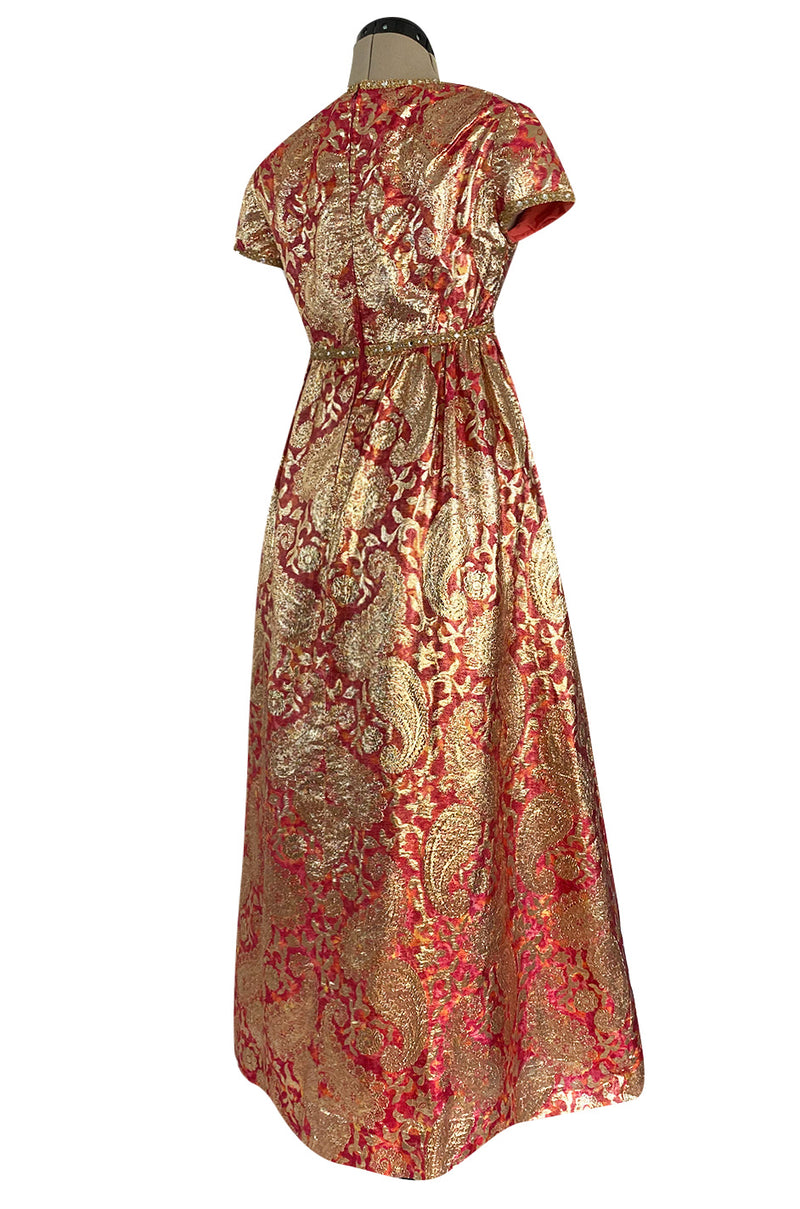 Stunning 1960s Malcolm Starr Light Silk Brocade Coral Red & Gold Metal Shrimpton Couture Stunning 1960s Malcolm Starr Light Silk Brocade Coral Red & Gold Metal Shrimpton Couture