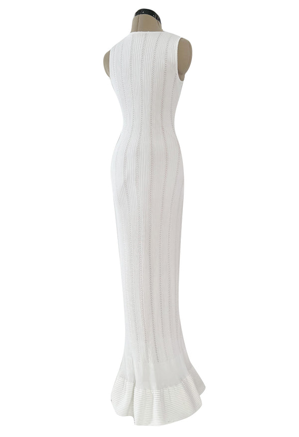 Mid 2000s Azzedine Alaia Supermodel Length White Knit w Nude Underlay Illusion Dress