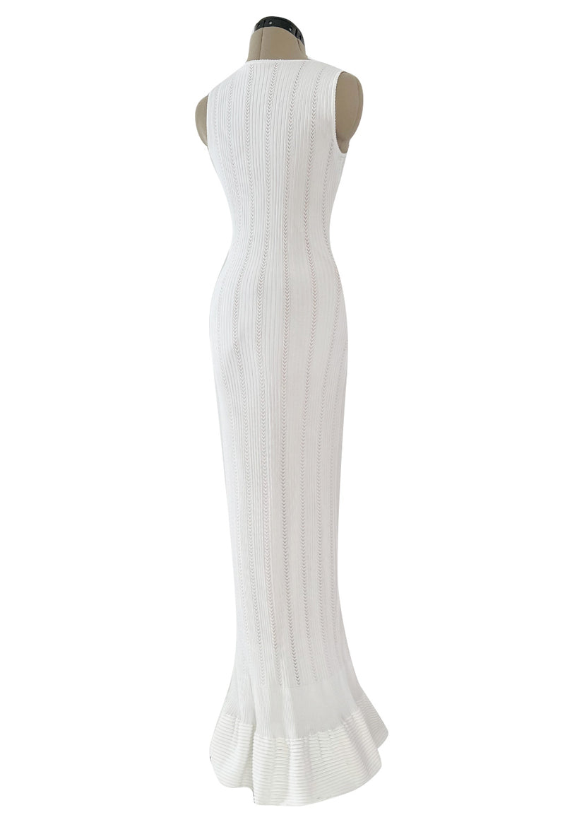 Mid 2000s Azzedine Alaia Supermodel Length White Knit w Nude Underlay Illusion Dress