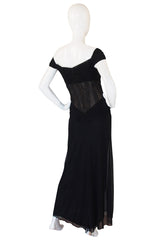 1980s Vicky Tiel Couture Black Silk Net & Lace Corset Gown