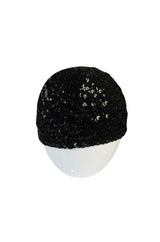 Rare 1970s Halston Glossy Black Sequin Skull Cap Cloche