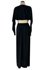 Documented 1980 Bill Tice Plunging Front Black Jersey Dress w Top Stitched Gold Belt