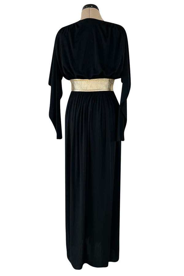 Documented 1980 Bill Tice Plunging Front Black Jersey Dress w Top Stitched Gold Belt