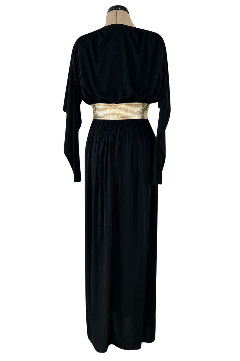Documented 1980 Bill Tice Plunging Front Black Jersey Dress w Top Stitched Gold Belt