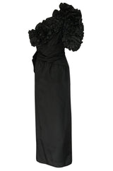 1980s Morton Myles Dramatic Ruffled and Bowed One Shoulder Dress
