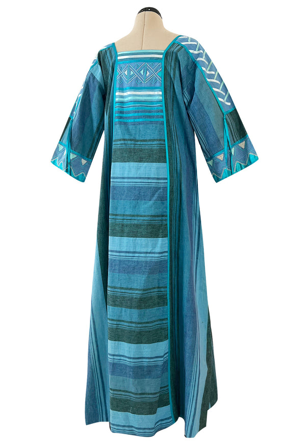1960s Josefa Hand Made Ocean Blue Caftan Dress w Embroidery & Ribbon Details