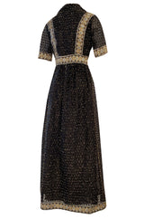 Late 1960s Oscar De La Renta Gold Metallic Eyelash Silk Organza Dress w Silver Metallic Detailing