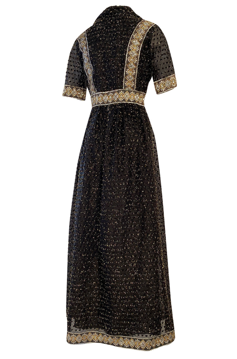 Late 1960s Oscar De La Renta Gold Metallic Eyelash Silk Organza Dress w Silver Metallic Detailing