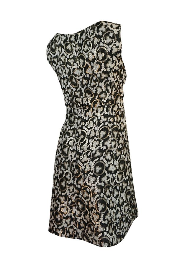 1960s Unlabelled Metallic Gold Thread Print Mod Shift Dress