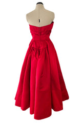 Late 1940s, Early 1950s Strapless Red Silk Satin Full Skirt Dress w Rhinestone Detailing