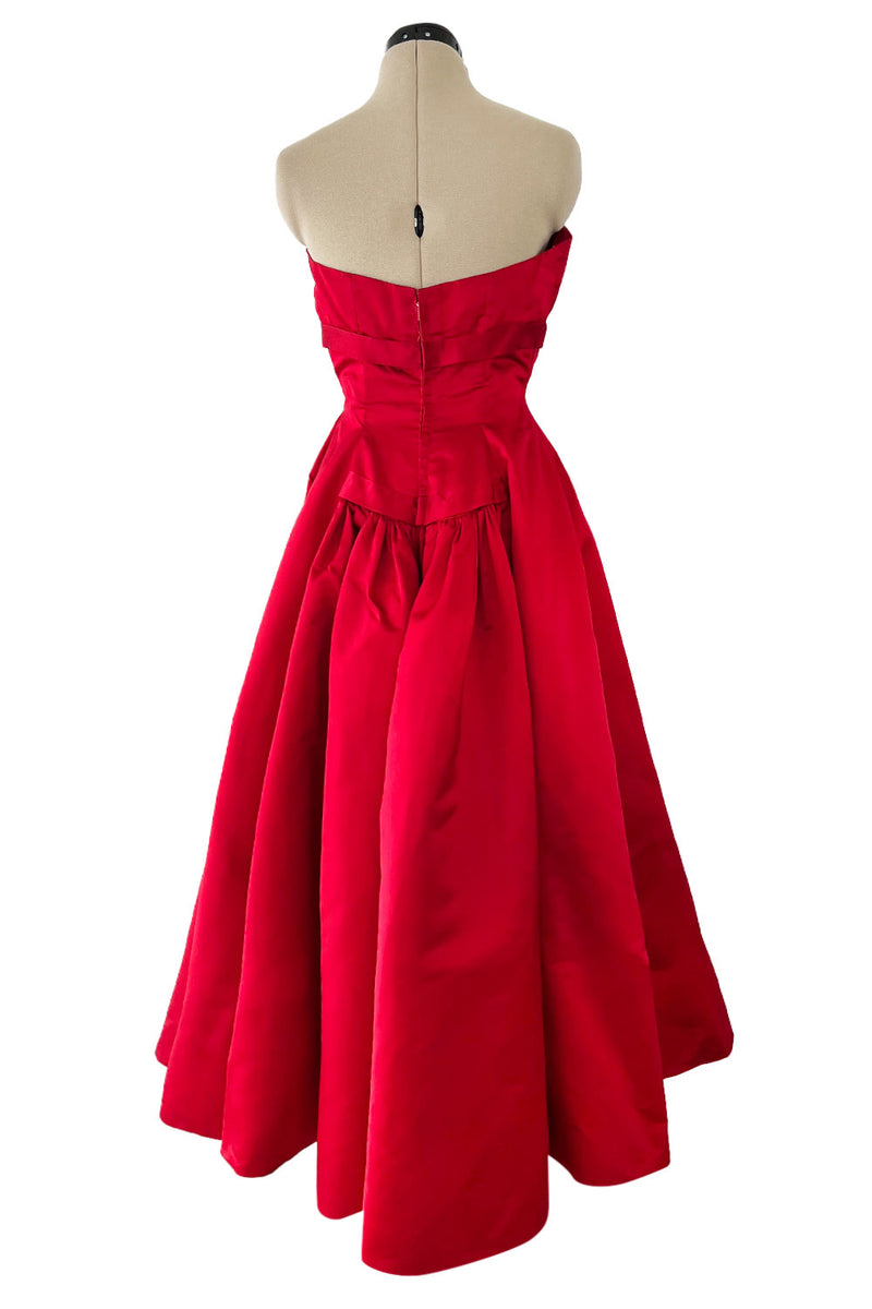 Late 1940s, Early 1950s Strapless Red Silk Satin Full Skirt Dress w  Rhinestone Detailing