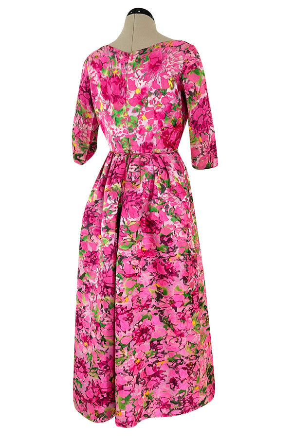 Gorgeous 1960s Jean Louis Pink w Green Floral Raised Silk Brocade Midi Dress