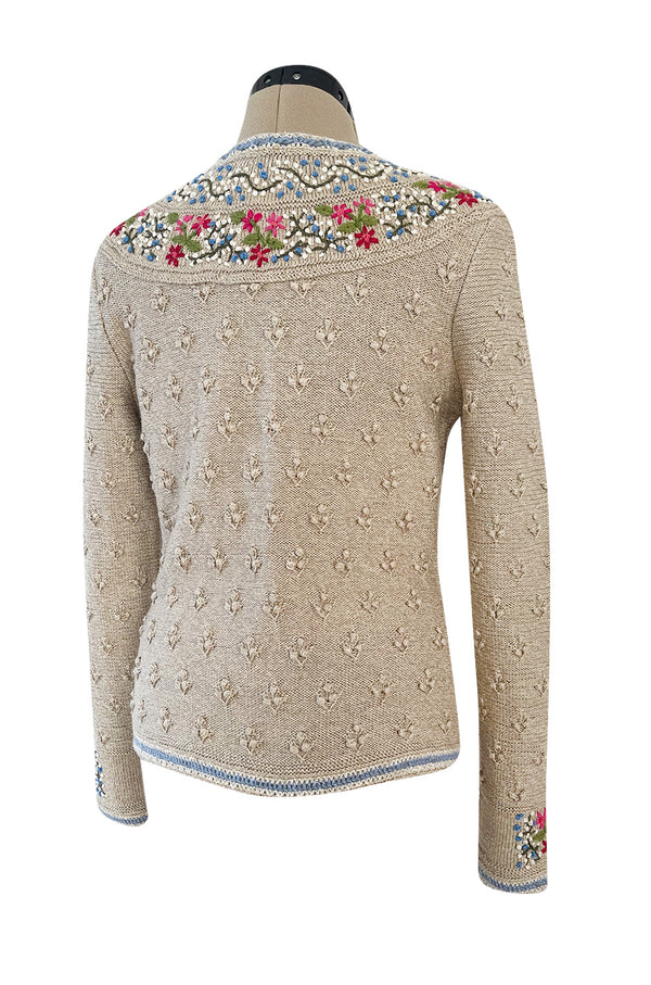 Wonderful 1980s Wolkenstricker Natural Linen Flax Colour Hand Knit Cardigan Sweater w Floral Details