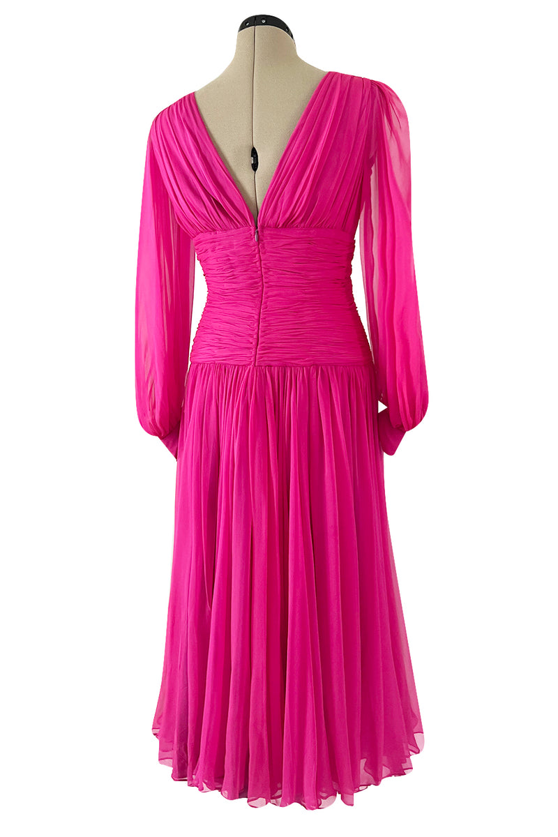 Gorgeous 1980s Richeline 'Valentino' Pink Silk Chiffon Dress w Full Sleeves & Plunge Front