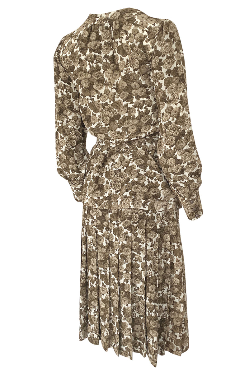 1970s Yves Saint Laurent Soft Brown Floral Print Silk Dress Top & Skirt Set