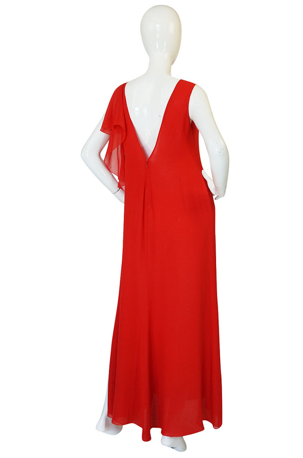 1990s Valentino Plunged Back Red Ruffled Silk Chiffon Dress
