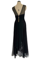 1980s Chanel by Karl Lagerfel Black Silk Chiffon Dress w Gold Button Detailing