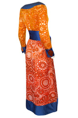Dramatic 1970s Ronald Amey Orange Blue & Coral Print Silk Couture Dress