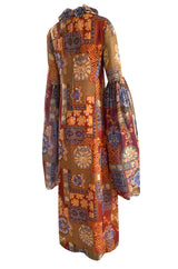 Spectacular 1960s Tina Leser Original  Printed Silk Voile Extra Long Angel Sleeve Dress