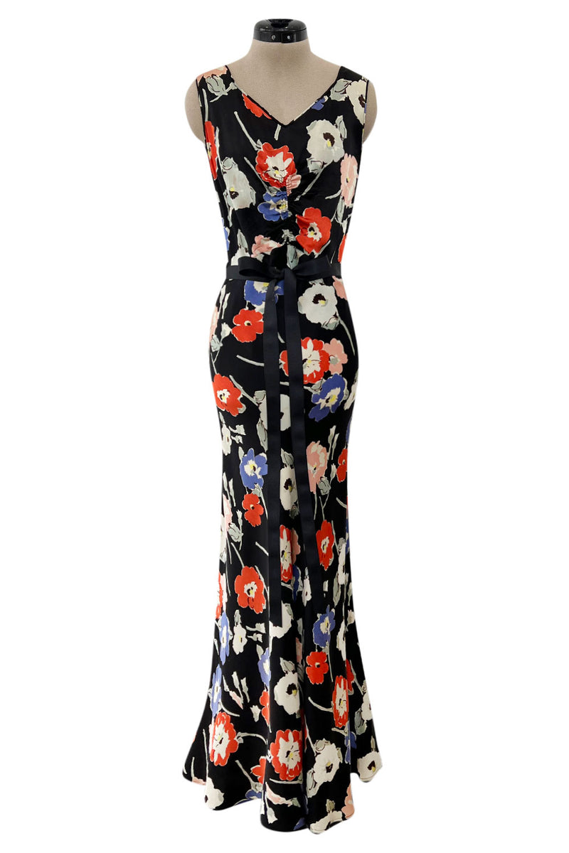 Beautiful 1930s Bias Cut Heavy Silk Satin Floral Print Dress w Scalloped Edged Jacket