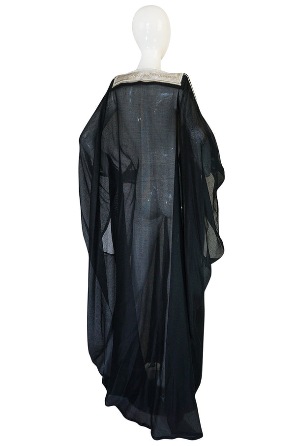 1970s Black Caftan w Silver Thread Embroidered Trim & Edging