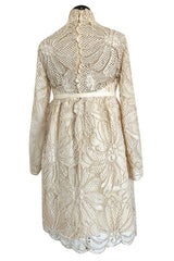 Extraordinary 1960s Donald Brooks Couture Ivory Net Lace & Silk Cord Babydoll Dress