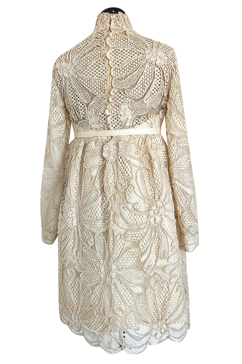 Extraordinary 1960s Donald Brooks Couture Ivory Net Lace & Silk Cord Babydoll Dress