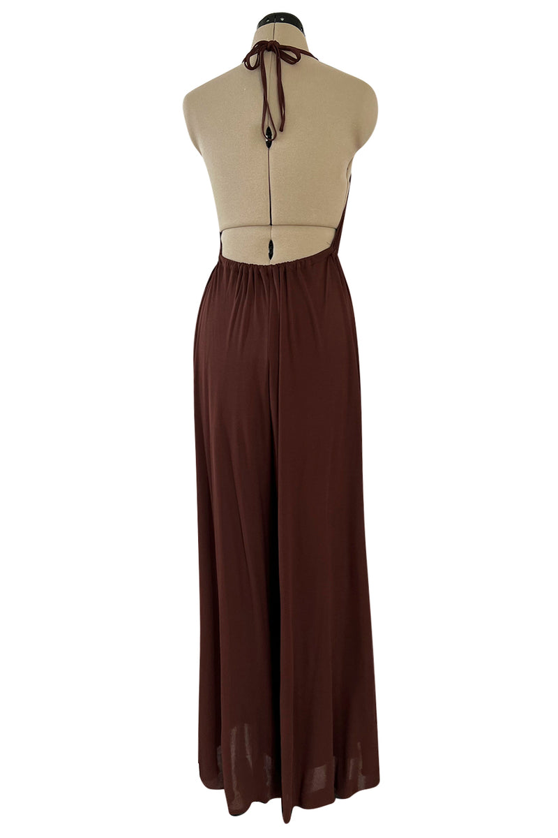 Gorgeous 1980s Genny Brown Jersey Backless Jumpsuit w Wide Legs & Floral Applique