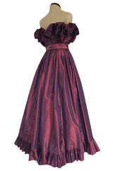1970s Victor Costa Iridescent Deep Burgundy Purple Silk Taffeta Dress with Strapless Ruffled Neckline