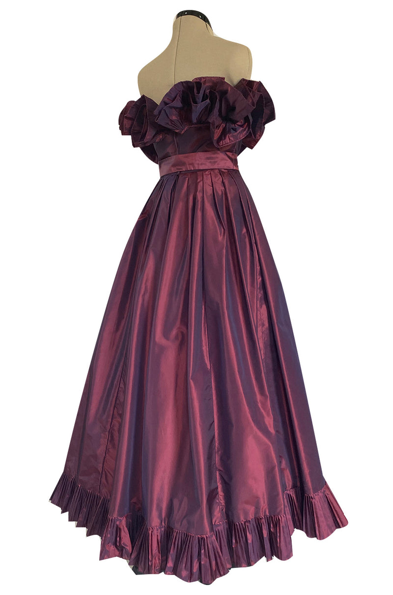1970s Victor Costa Iridescent Deep Burgundy Purple Silk Taffeta Dress with Strapless Ruffled Neckline