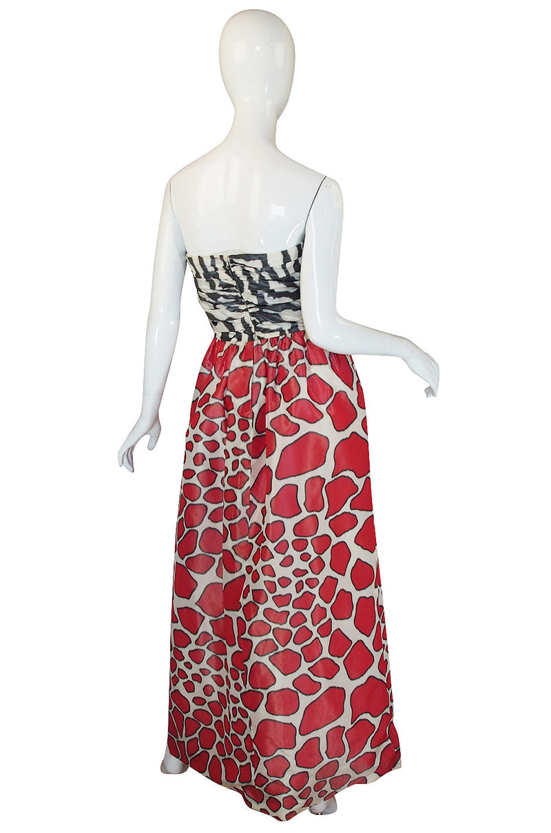 1967 Striking Silk Print Strapless Adolfo Gown
