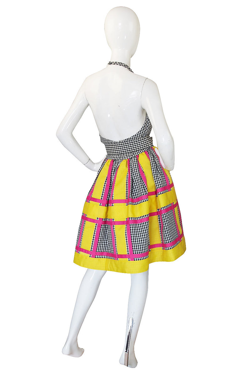 1980s Bill Blass Check & Bright Backless Dress
