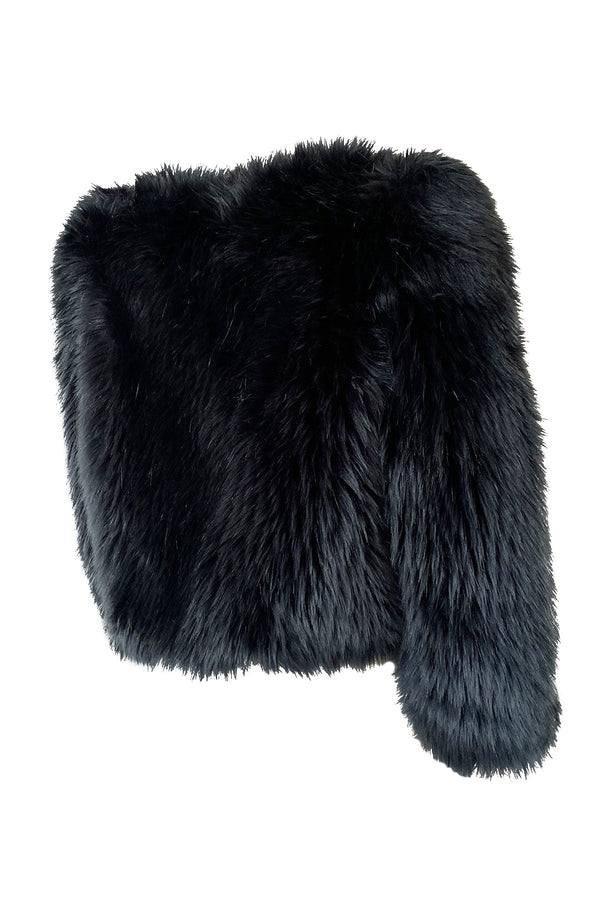 Recent Prada Deep Blue Grey Faux Fur Cropped 'Chubby' Jacket