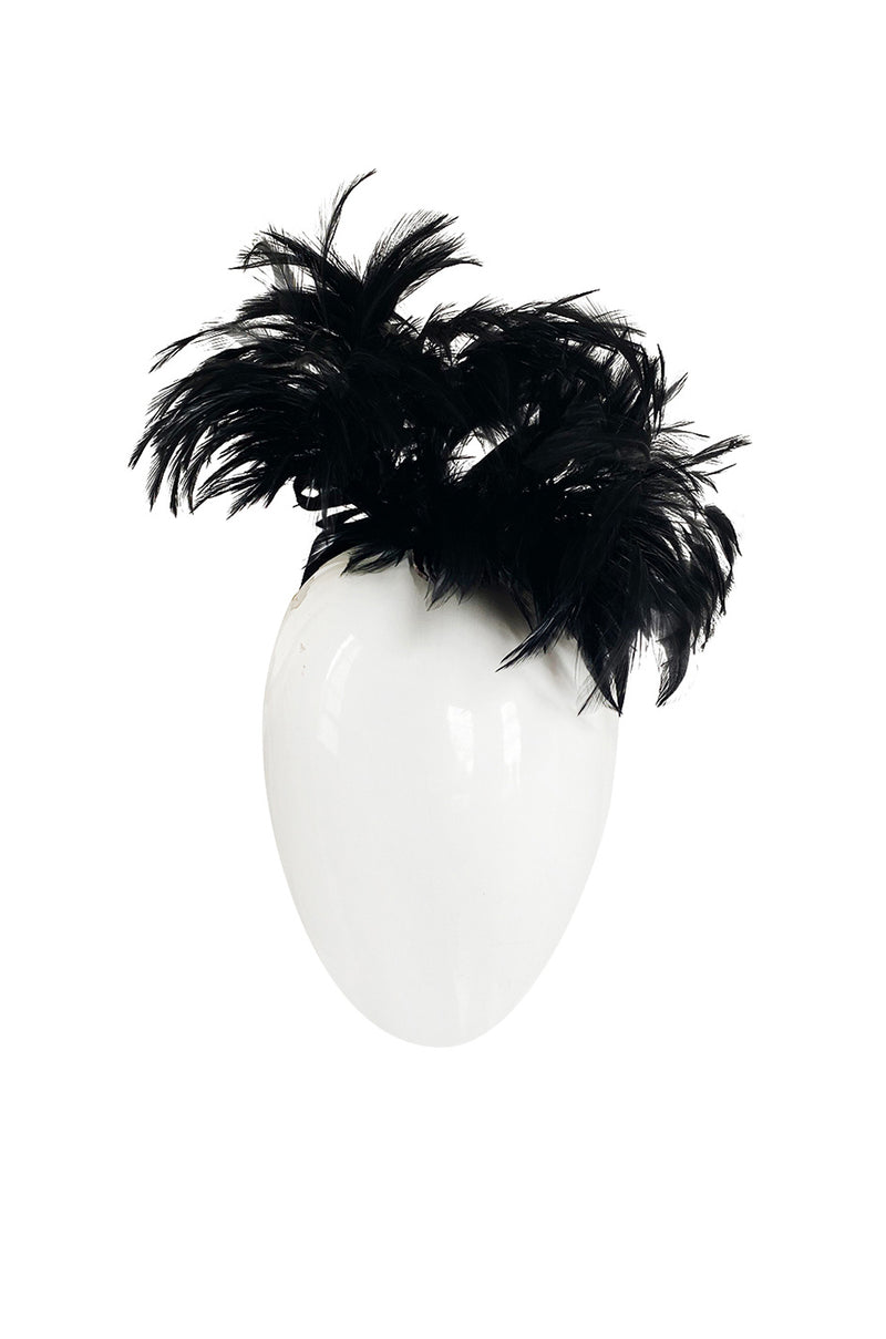 Documented Fall 1996 Chanel Black Felt Half Cap w High Feather Detailing