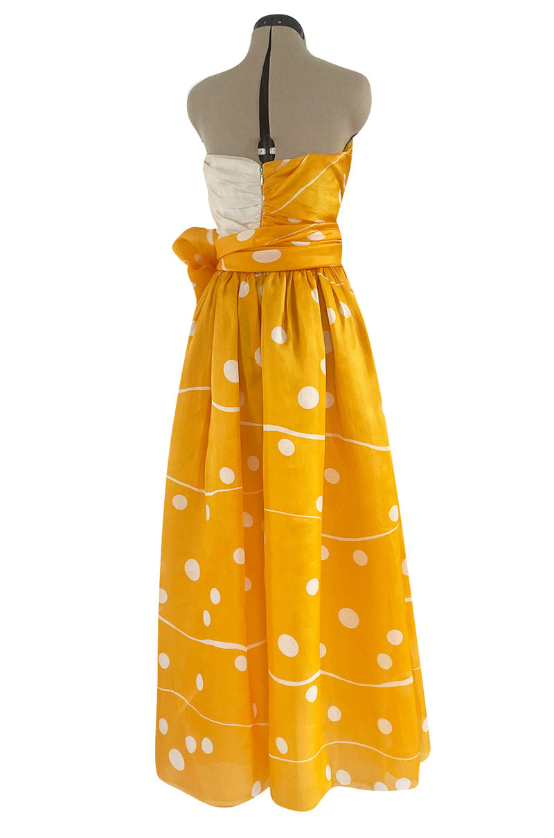 Spring 1985 Bill Blass Dotted Yellow & White Silk Organza Ad Campaign Strapless Dress