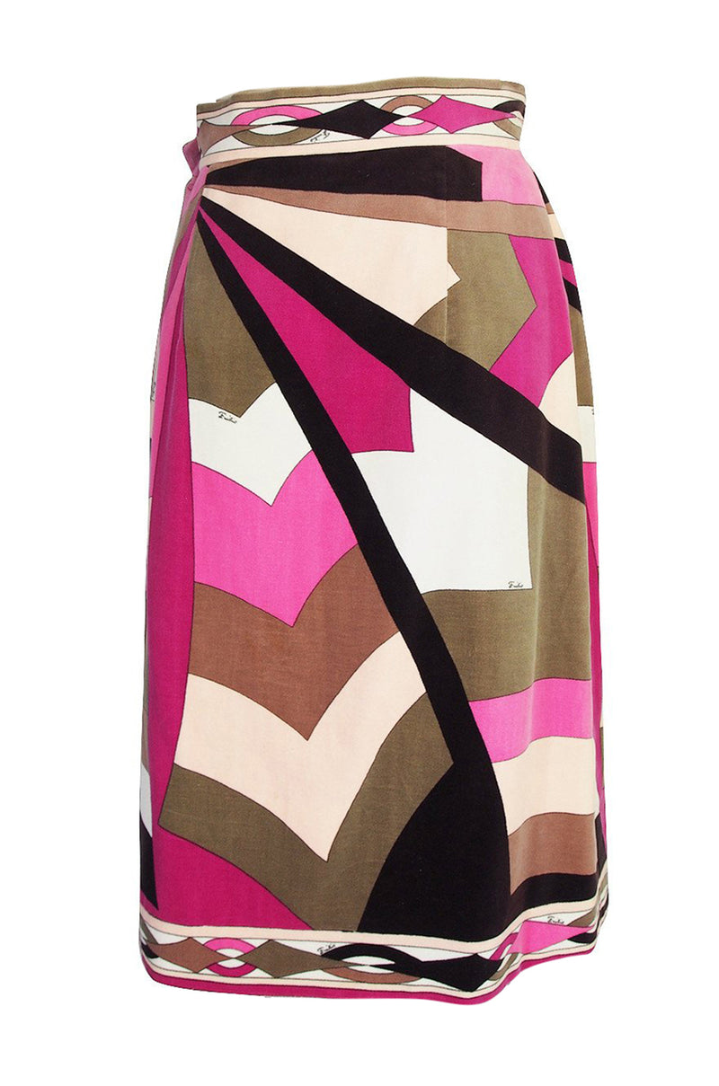 1960s Emilio Pucci Pink & Taupe Geometric Print Velvet Skirt