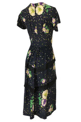 1940s Unlabelled Hand Painted Floral Print Silky Rayon & Net Dress
