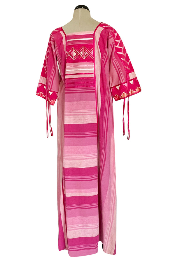 1960s Josefa Hand Made Mexico Pink Caftan Dress w Embroidery & Ribbon Details