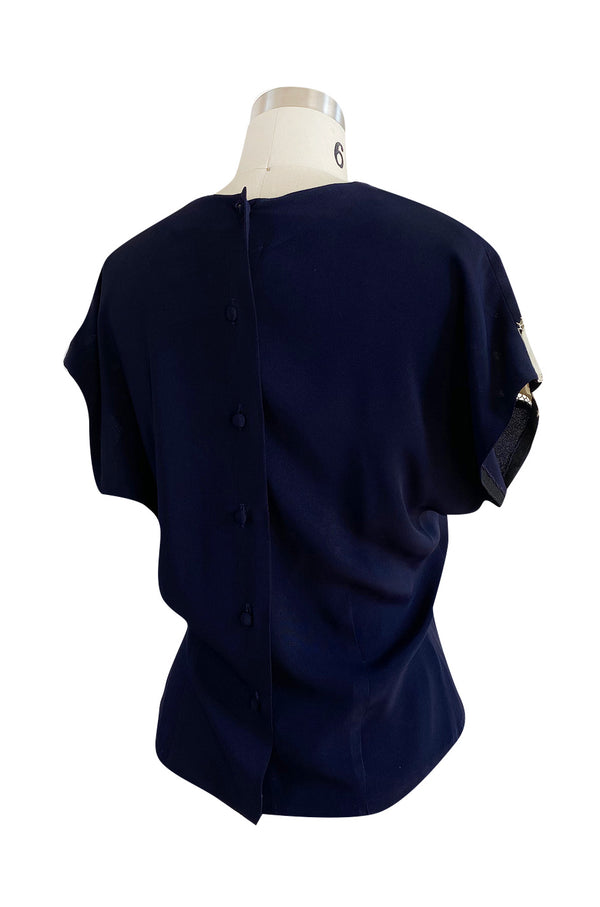 Wonderful 1940s Deep Blue Silk Top w Button Back, Front White Insets & Open Cut Work
