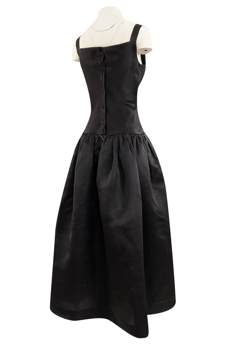 1980s Oscar De La Renta Black Silk Taffeta Dropped Waist Full Skirt Dress w Button Back